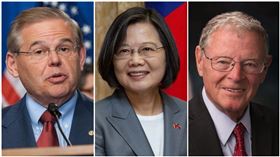 美國參議員梅南德茲（Bob Menendez，左起）、台灣總統蔡英文、殷荷菲（Jim Inhofe）。（合成圖／翻攝自梅南德茲、殷荷菲臉書、資料照）
