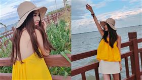 溫碧霞身穿亮黃色背心，大露白嫩美背纖細四肢。（圖／翻攝自溫碧霞微博）