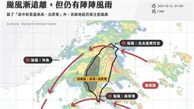 「天氣即時預報」發文提醒，颱風漸遠離，但仍有陣陣風雨（圖／翻攝自天氣即時預報）