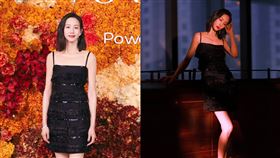 張鈞甯身穿黑色細肩蛋糕裙，秀出修長又纖細的美腿。（圖／翻攝自張鈞甯微博）
