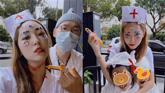 張菲媳萬聖節戰袍　害羞拎情趣丁字褲