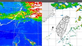 圖：今(6日)晨4：30紅外線色調強化雲圖顯示，鋒面雲系在北部海面向西延伸至華南，雲層結構鬆散(左圖)。4：30雷達回波合成圖顯示，各地尚無降水回波(右圖)。