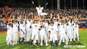 ▲統一獅拿下中華職棒32年下半季冠軍，總教練林岳平被球員拋在空中。（圖／記者劉彥池攝影）