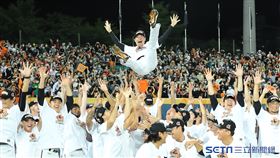 ▲統一獅拿下中華職棒32年下半季冠軍，總教練林岳平被球員拋在空中。（圖／記者劉彥池攝影）