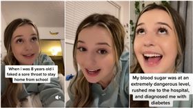 瑪麗表示自己8歲時裝病逃學，卻意外查出自己罹患糖尿病的意外事蹟。（圖／翻攝自抖音@clutzychick帳號）