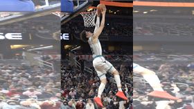 ▲「球三弟」鮑爾（LaMelo Ball）反扣放槍。（圖／美聯社／達志影像）