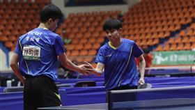 全運會桌球混雙  林昀儒、鄭怡靜奪冠（2）台灣桌球好手林昀儒（左）與鄭怡靜（右）17日在110年全國運動會桌球混雙奪冠，兩人賽後擊掌致意。中央社記者吳家昇攝  110年9月17日