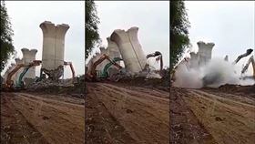 印尼雅萬高鐵的橋墩工程近日發生意外，一座橋墩在搬移過程中倒塌，撞倒兩個挖土機。（圖／翻攝自twitter.com/AlBurhanCenter）
