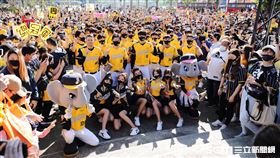 ▲中信兄弟封王遊行，球員在洲際棒球場前合影。（圖／記者劉彥池攝影）