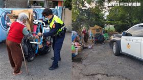 拾荒婦人載運物品險傾倒 暖警立即協助解困。翻攝畫面