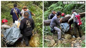 男童臥龍洞出現吊掛男屍，救難人員將遺體搬運下山。（圖／翻攝畫面）