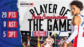 ▲「狀元」康寧漢（Cade Cunningham）投進5顆三分球攻下生涯新高29分。（圖／翻攝自活塞推特）