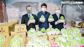 新壽以行動支持台灣農業，採購鳳梨釋迦4000斤，分送員工、保戶、社區關懷對象以及弱勢團體享用。（右起新光人壽董事長潘柏錚、新光小農召集人李俊儀、新光人壽總經理黃敏義。）（圖／新光人壽提供）