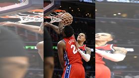 ▲庫茲馬（Kyle Kuzma）顏扣恩比德（Joel Embiid）。（圖／美聯社／達志影像）