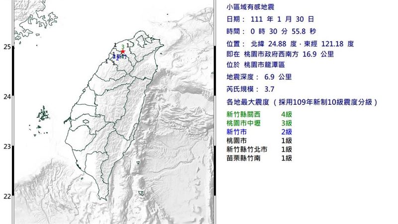 桃園3.7極淺層地震　最大震度4級