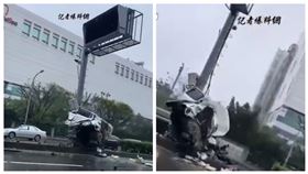▲國道一號內壢交流道出口處發生嚴重車禍，一輛轎車撞上號誌燈桿，整輛車猶如麻花一樣纏在號誌燈桿上，恐怖撞擊力道讓車宛如廢鐵。（圖／翻攝畫面、翻攝記者爆料網）