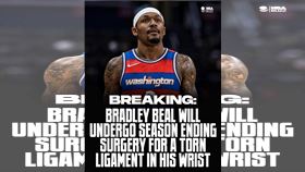 ▲巫師比爾（Bradley Beal）手腕將動刀，宣告整季報銷。（圖／翻攝自NBA Buzz）