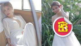 孟慶而身穿婚紗僅蕾絲花瓣遮胸，浪漫甜美又展現好身材。（圖／About the bride提供）