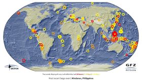 德國地球科學研究中心（German Research Centre for Geosciences, GFZ）21日表示，菲律賓民答那峨島（Mindanao）發生規模5.9地震。（圖／翻攝自GFZ官網）