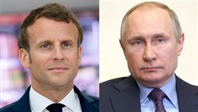 法國總統馬克宏（左）3日與俄羅斯總統普丁（右）通話，馬克宏認為烏克蘭「最壞的情況還沒有到來」。（圖／翻攝自facebook.com/EmmanuelMacron、twitter.com/KremlinRussia_E）
