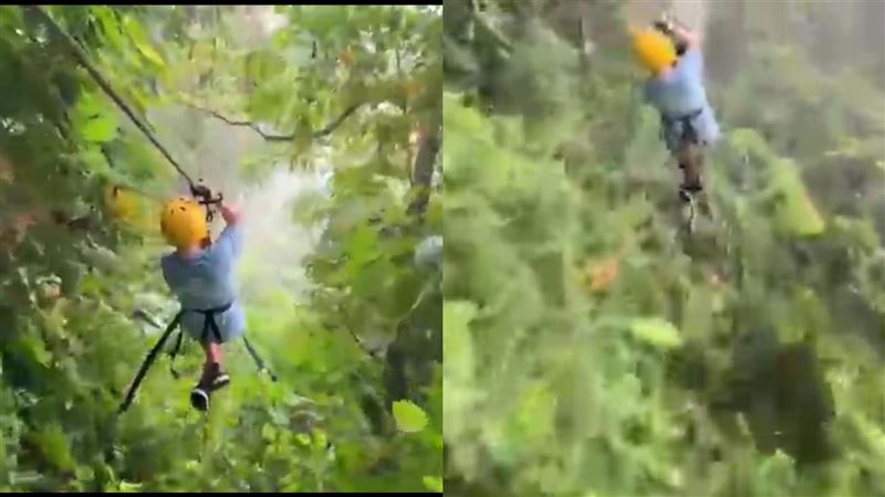 男童玩滑索撞不速之客　真面目笑翻網