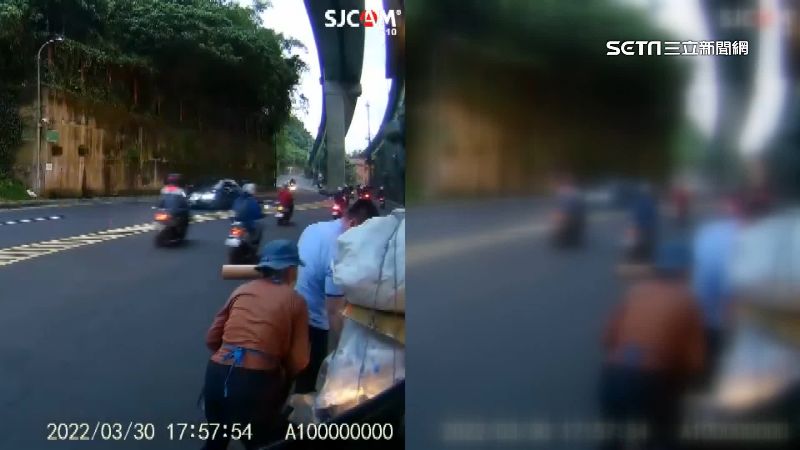 婦回收物掉滿地　客運打橫擋車急幫忙