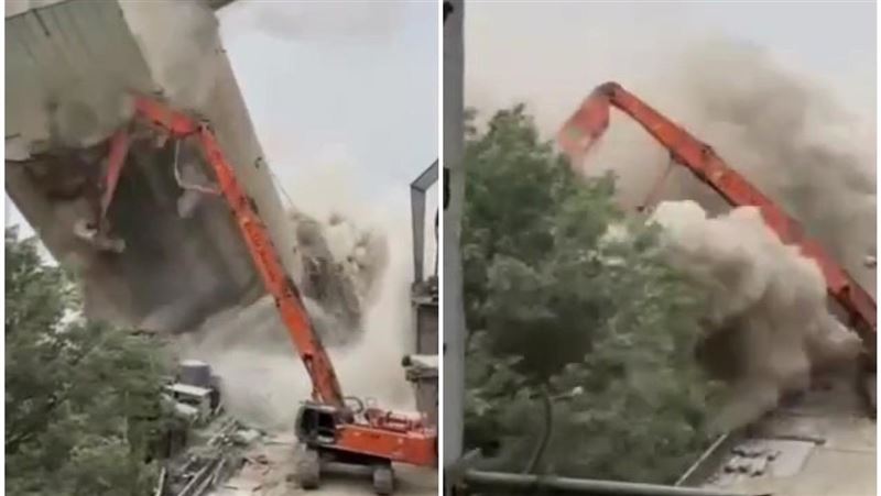 高塔倒塌畫面曝光　怪手翻覆高鐵斷電