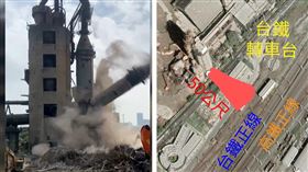 東南水泥塔崩塌驚險位置曝光！差百公尺就危害雙鐵列車。（合成圖／資料照、台灣鐵道暨國土規劃學會臉書）