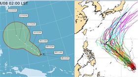 圖：中央氣象局最新(8日2時)「路徑潛勢預測圖」(左圖)顯示，關島南方海面的「熱帶低壓」，其5天的潛勢路徑與最新(7日20時)歐洲(ECMWF)系集模式，所模擬的路徑(右圖)大致類似，先往西北前進。5天之後將逐漸減速大迴轉。