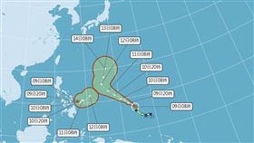 台灣附近海面又出現一顆熱帶性低氣壓，氣象局表示，有可能下週一形成今年第二號颱風「梅姬」。（圖／翻攝自氣象局）