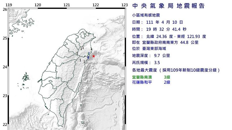 宜蘭地震規模3.5　最大震度3級