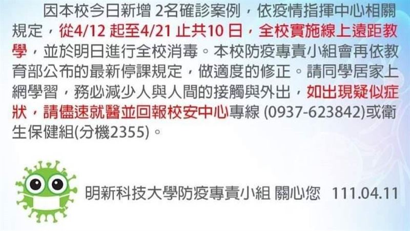1夜增2確診者　明新科大停課10日