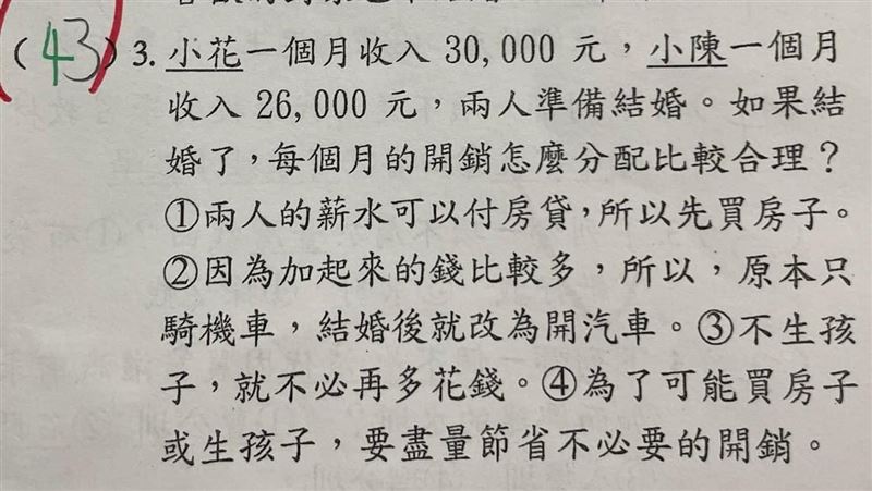 國小考卷問結婚開銷分配　他開嗆老師