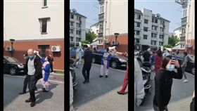 上海大媽拿喇叭瘋狂放送「我們要餓死了」。(組合圖/翻攝自《Rebecca是小圓子吖》微博