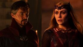 漫威電影《奇異博士2：失控多重宇宙》班奈狄克康柏拜區（Benedict Cumberbatch）、伊莉莎白歐森（Elizabeth Olsen）飾演的緋紅女巫。（圖／迪士尼提供）