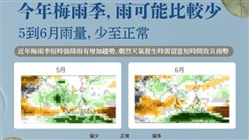 「報天氣 - 中央氣象局」貼出四張圖列出5-6月天氣（梅雨季）重點​，包括「氣溫暖～正常」​、「雨量少～正常」​。（圖／翻攝自氣象局粉專）


