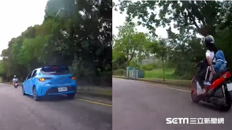 騎士媽載幼子睡著了　汽車暖閃燈護送