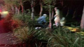 吳姓女子被追撞後，倒臥路旁草叢，救護人員將女子送醫搶救不治。（圖／翻攝畫面）