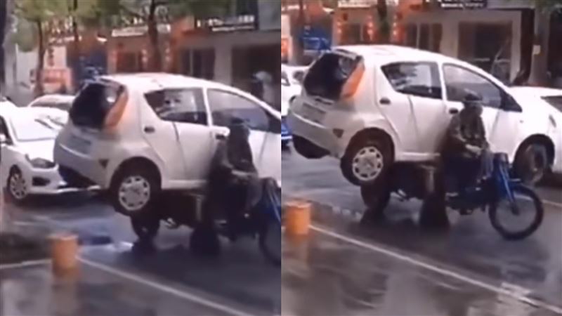 三輪車後座載汽車　騎士等紅燈超淡定