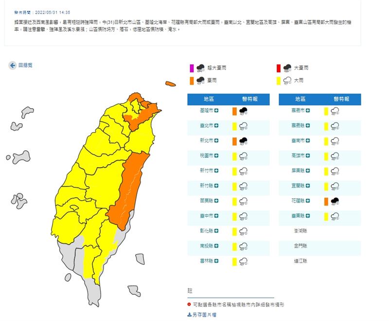 中央氣象局針對19縣市發布豪雨、大雨特報。(圖/翻攝自中央氣象局)