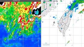 圖：今(2)日4：30紅外線色調強化雲圖顯示，台灣上空僅有一些消散中的高空卷雲(左圖)。 4：40雷達回波合成圖顯示，陸地上無降水回波(右圖)。

