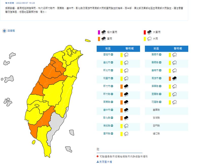 中央氣象局於今（7）日16時20分對「18縣市」發布豪雨特報、大雨特報。（圖／翻攝自氣象局）