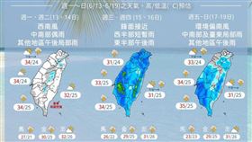 ▲週一、週二水氣偏少，雨勢趨緩（圖／中央氣象局）