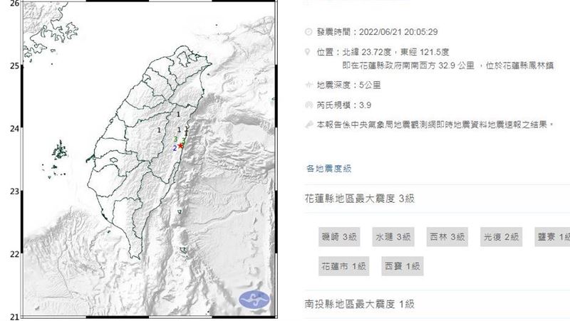 花蓮規模3.9地震　最大震度3級