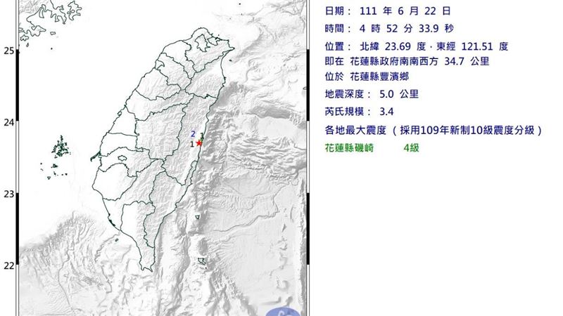 花蓮連4震最大規模3.5　震度4級