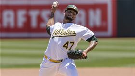 ▲孟塔斯（Frankie Montas）無安打比賽在8局破功。（圖／美聯社／達志影像）