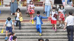 北市高中以下23日起遠距上課一週（3）COVID-19疫情嚴峻，台北市政府決議，高中職以下學校23日起啟動一週遠距教學演練，家有國小生的家長若無法請假在家，可把孩子送至學校開設的「基本照顧服務班」上課。圖為台北市內湖區20日中午小學生放學情形。中央社記者王飛華攝  111年5月19日