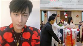 陳志朋（左）出席網紅母親生日宴，全程充當背景板，推蛋糕車無人理會。（圖／翻攝自微博）