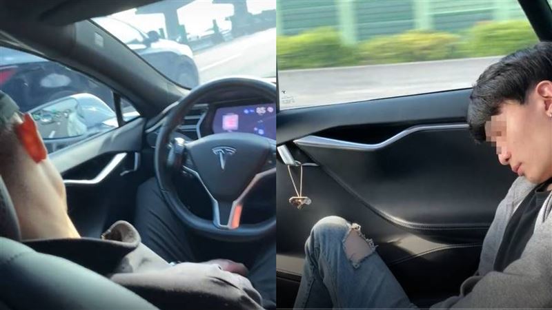 不少特斯拉車主開車睡覺,測試自駕功能。(圖/翻攝抖音)