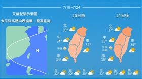 「報天氣 - 中央氣象局」今（17）天傍晚貼出一張圖揭露未來一週天氣，一句話說一週天氣「迎向大暑、酷熱一週」。（圖／翻攝自報天氣）